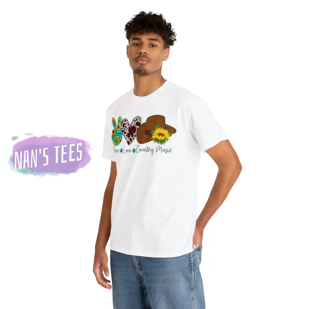 Peace Love Country Music Short Sleeve Unisex Heavy Cotton Graphic Tee T-Shirt
