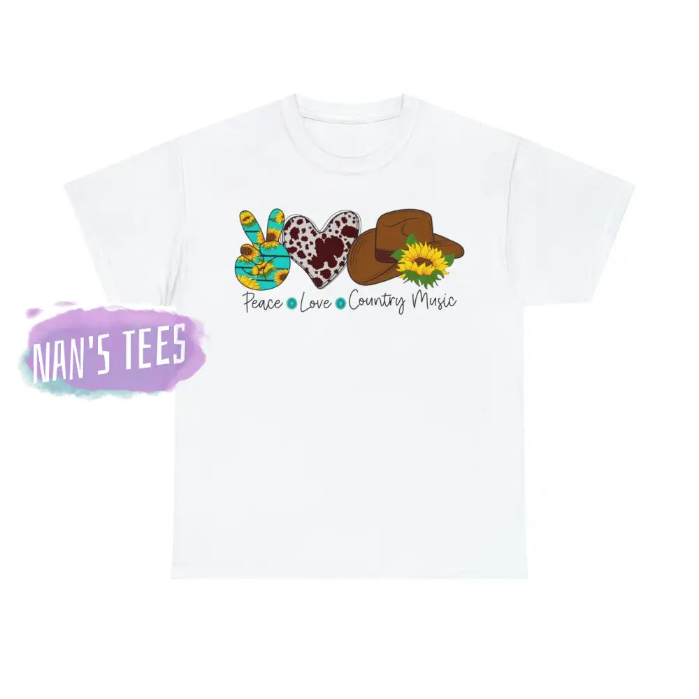 Peace Love Country Music Short Sleeve Unisex Heavy Cotton Graphic Tee White / S T-Shirt