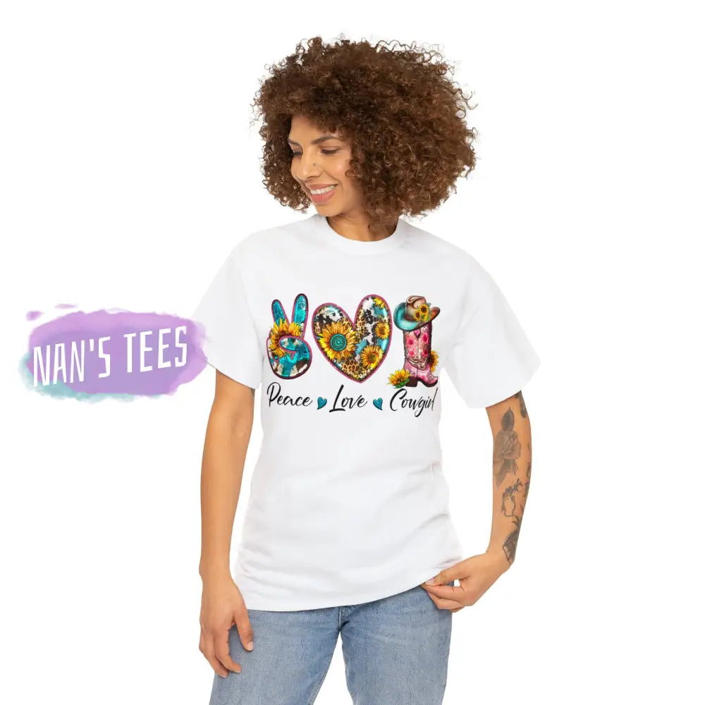 Peace Love Cowgirl Short Sleeve Unisex Heavy Cotton Graphic Tee T-Shirt
