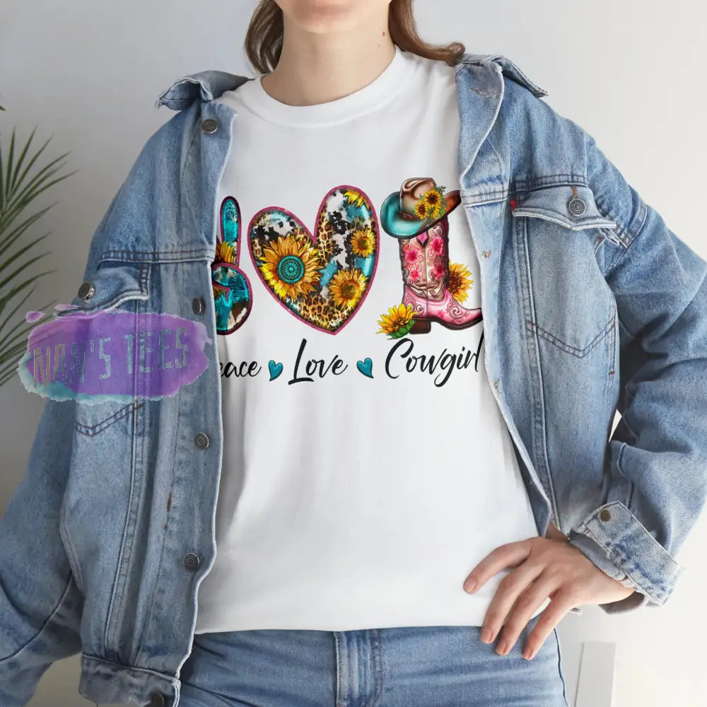 Peace Love Cowgirl Short Sleeve Unisex Heavy Cotton Graphic Tee T-Shirt