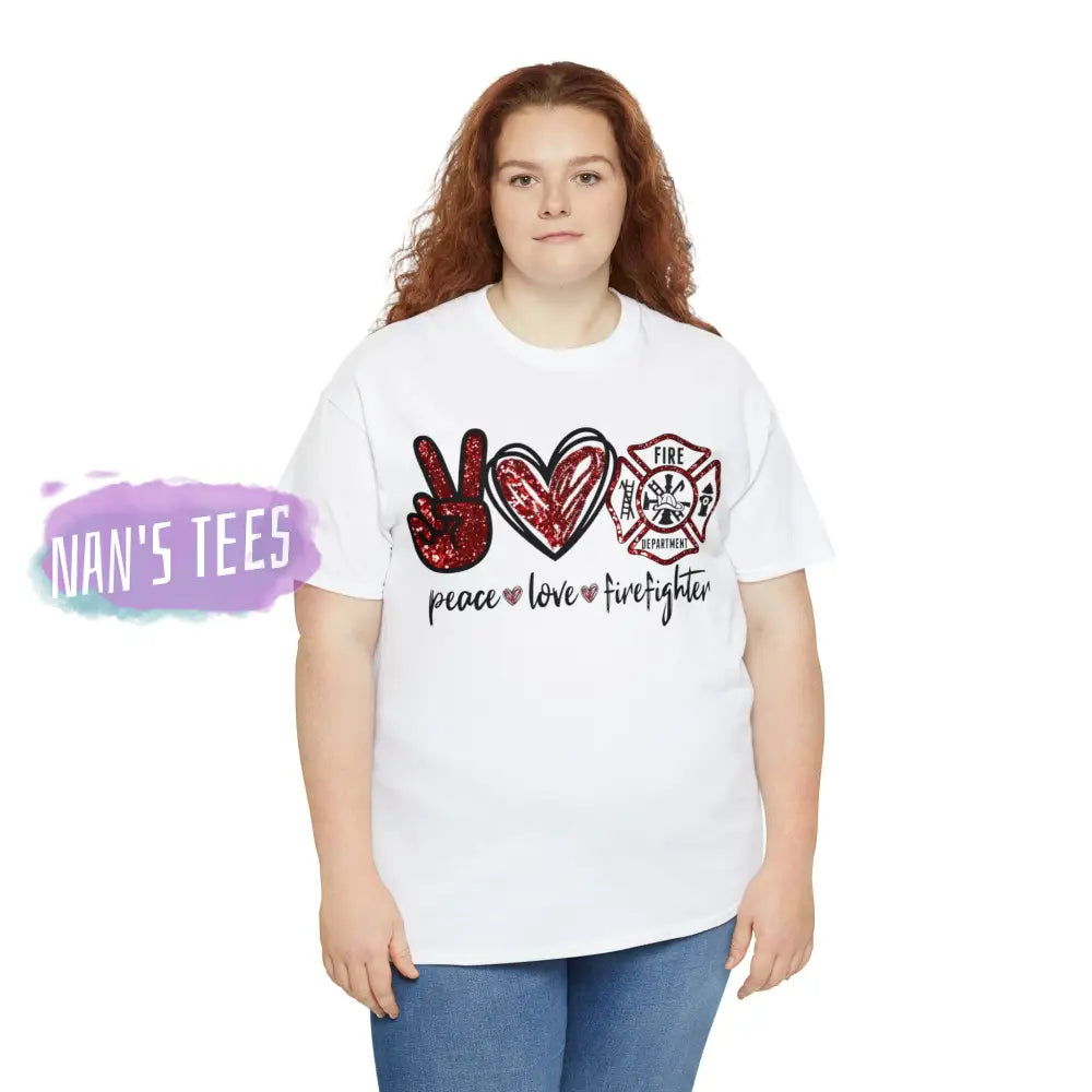 Peace Love Firefighter Short Sleeve Unisex Heavy Cotton Graphic Tee T-Shirt