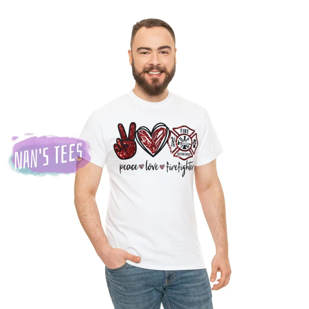 Peace Love Firefighter Short Sleeve Unisex Heavy Cotton Graphic Tee T-Shirt