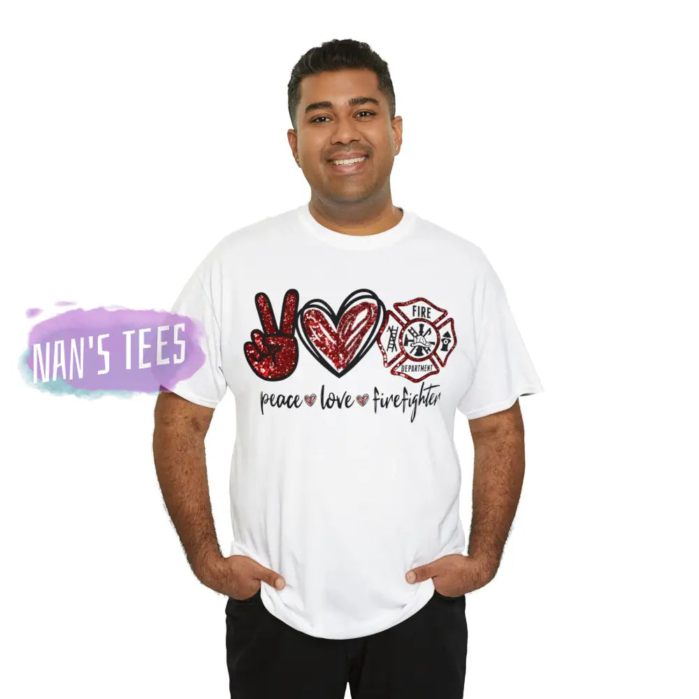 Peace Love Firefighter Short Sleeve Unisex Heavy Cotton Graphic Tee T-Shirt