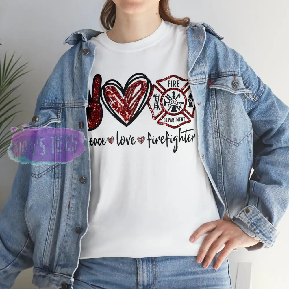 Peace Love Firefighter Short Sleeve Unisex Heavy Cotton Graphic Tee T-Shirt