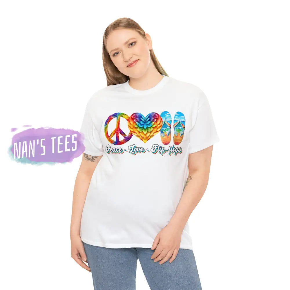 Peace Love Flip Flops Short Sleeve Unisex Heavy Cotton Graphic Tee T-Shirt