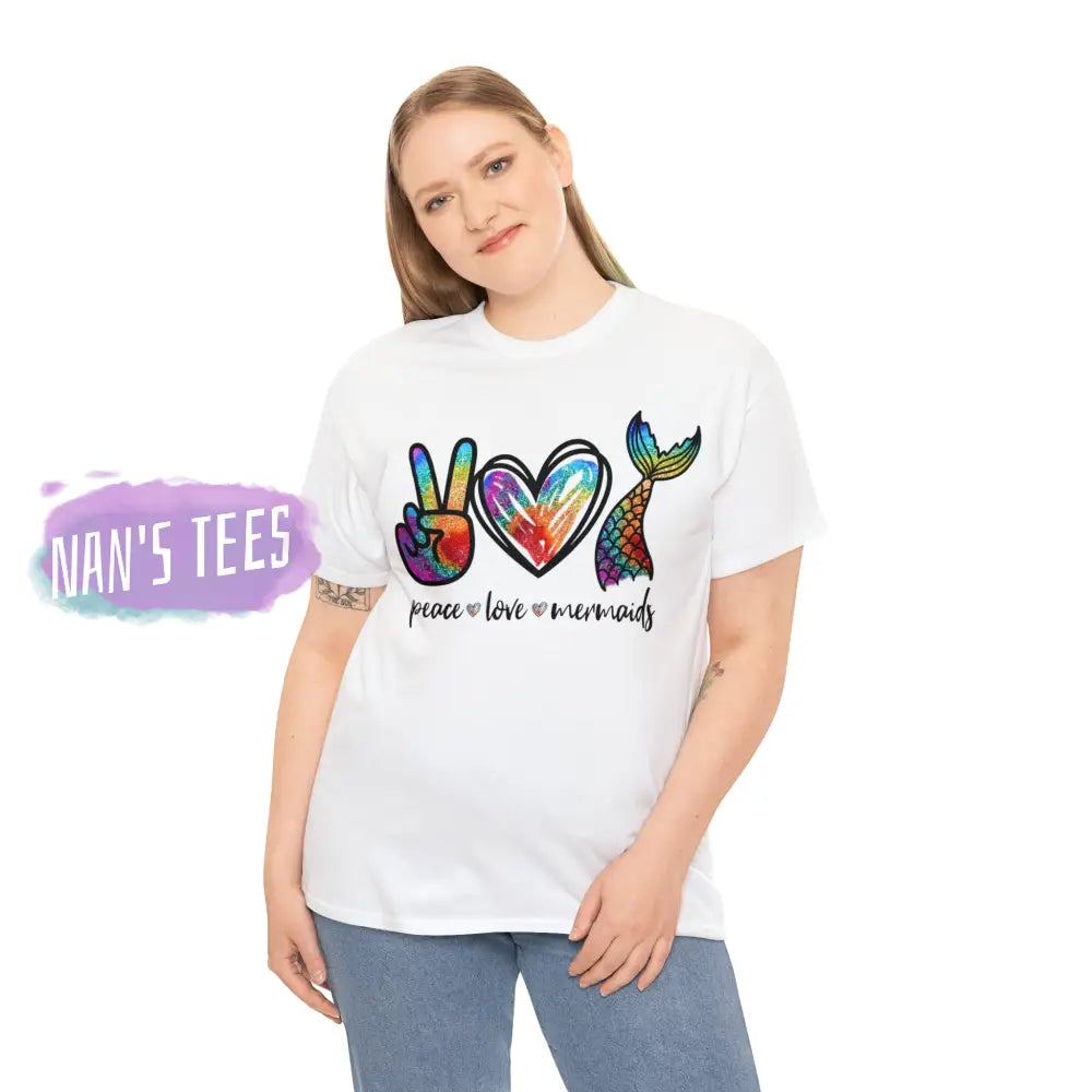 Peace Love Mermaids Short Sleeve Unisex Heavy Cotton Graphic Tee T-Shirt