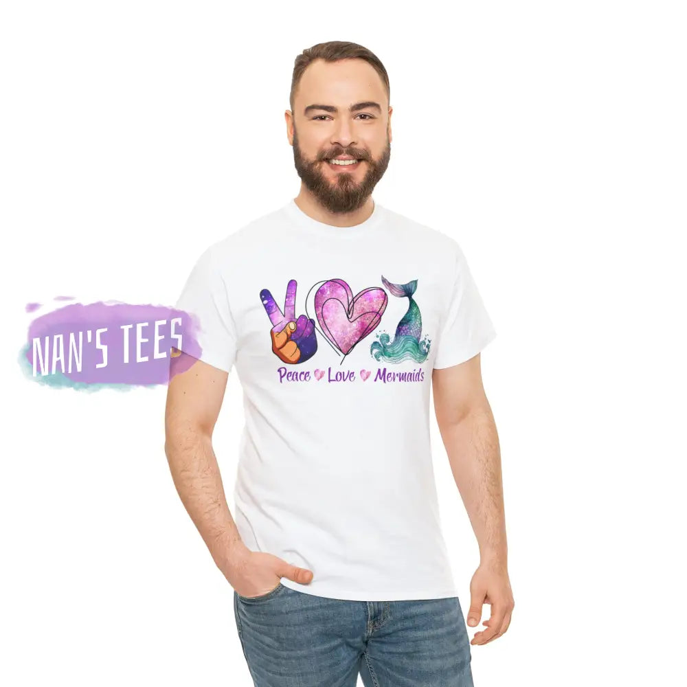 Peace Love Mermaids Short Sleeve Unisex Heavy Cotton Graphic Tee T-Shirt