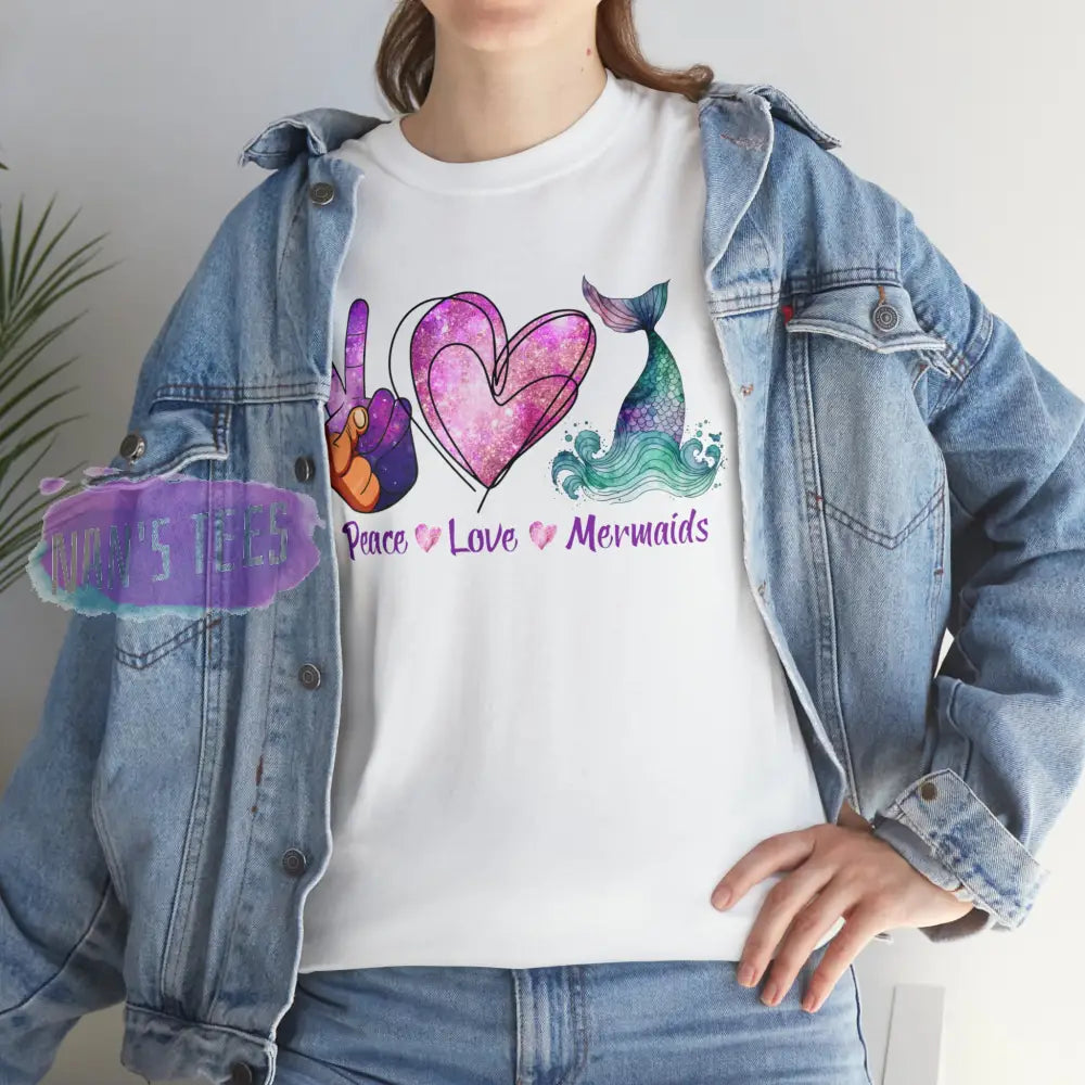 Peace Love Mermaids Short Sleeve Unisex Heavy Cotton Graphic Tee T-Shirt