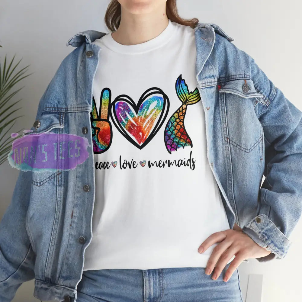 Peace Love Mermaids Short Sleeve Unisex Heavy Cotton Graphic Tee T-Shirt