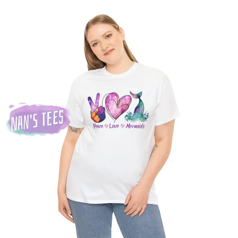 Peace Love Mermaids Short Sleeve Unisex Heavy Cotton Graphic Tee T-Shirt