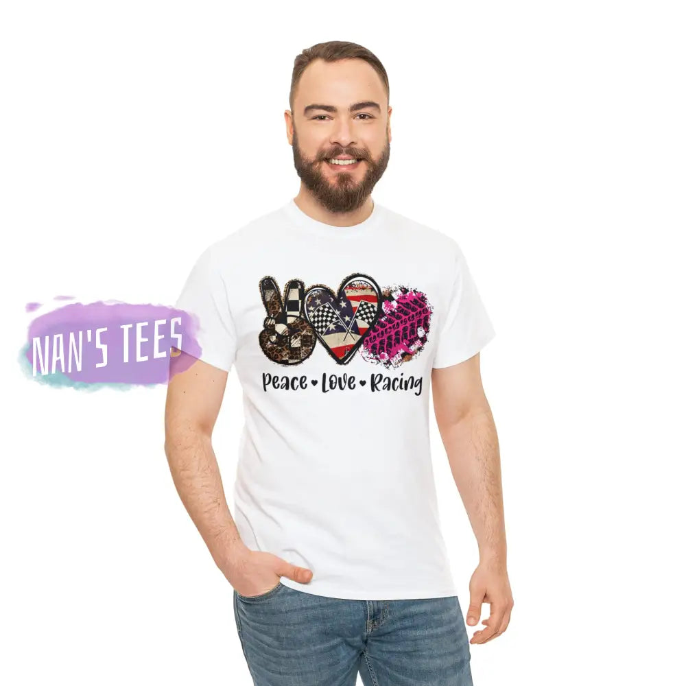 Peace Love Racing Short Sleeve Unisex Heavy Cotton Graphic Tee T-Shirt