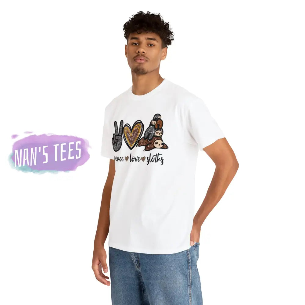 Peace Love Sloths Short Sleeve Unisex Heavy Cotton Graphic Tee T-Shirt