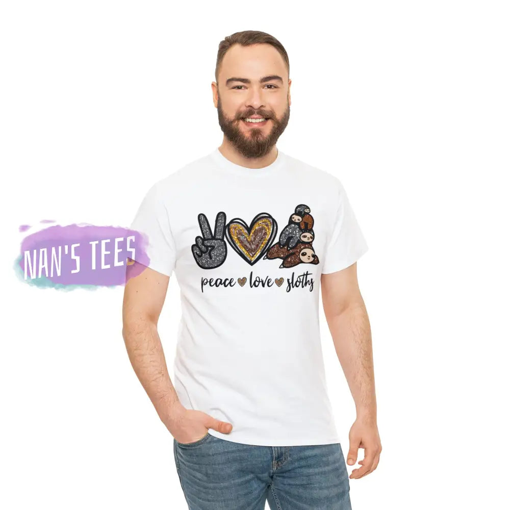 Peace Love Sloths Short Sleeve Unisex Heavy Cotton Graphic Tee T-Shirt
