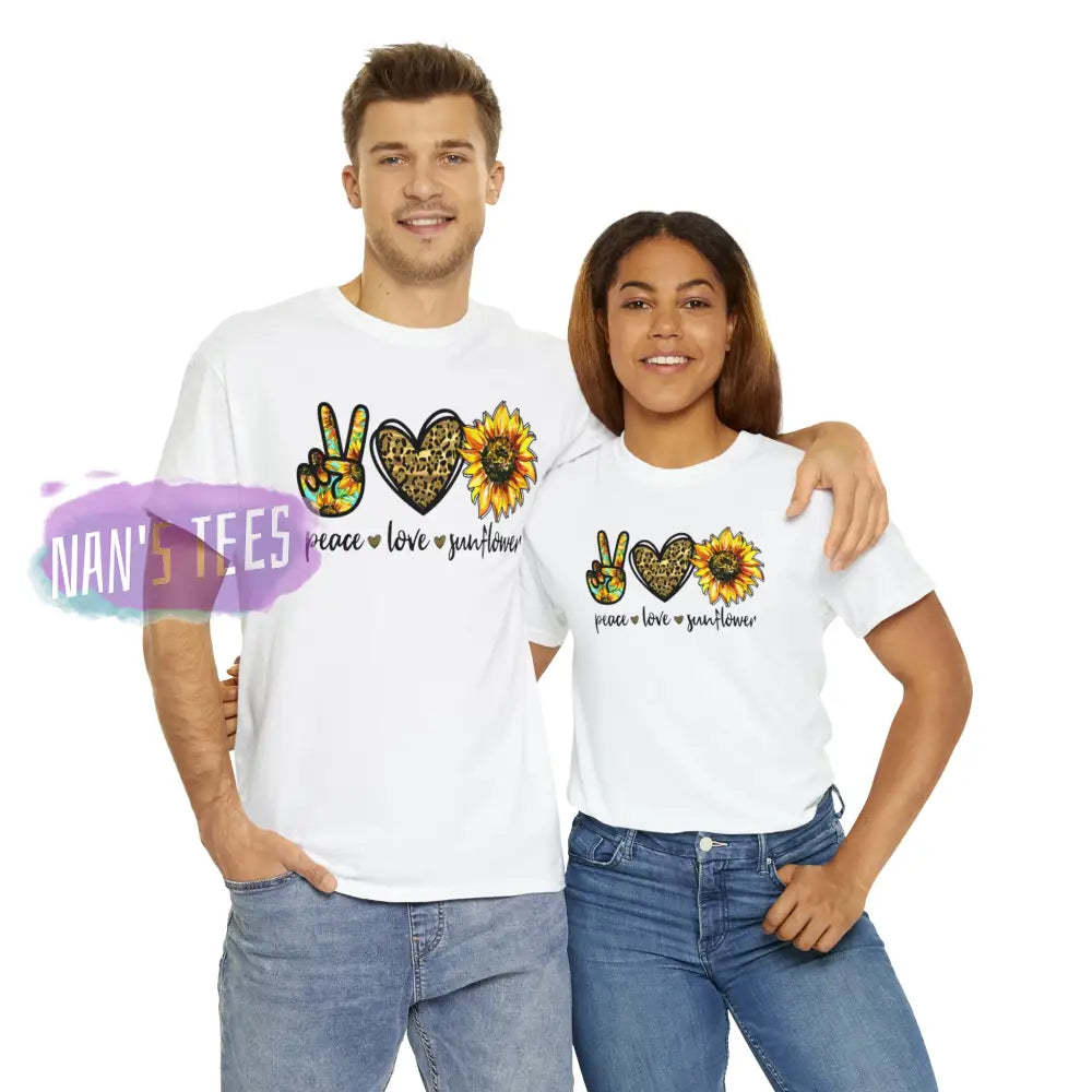 Peace Love Sunflower Short Sleeve Unisex Heavy Cotton Graphic Tee T-Shirt
