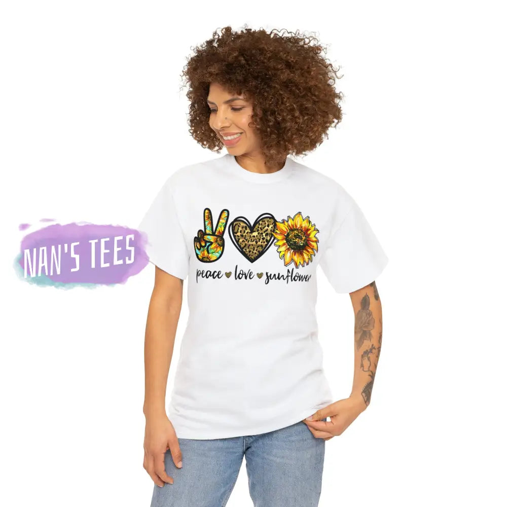 Peace Love Sunflower Short Sleeve Unisex Heavy Cotton Graphic Tee T-Shirt