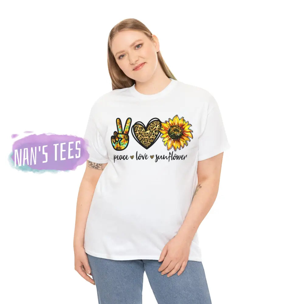 Peace Love Sunflower Short Sleeve Unisex Heavy Cotton Graphic Tee T-Shirt