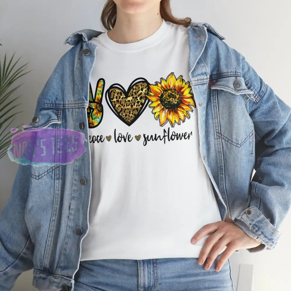 Peace Love Sunflower Short Sleeve Unisex Heavy Cotton Graphic Tee T-Shirt