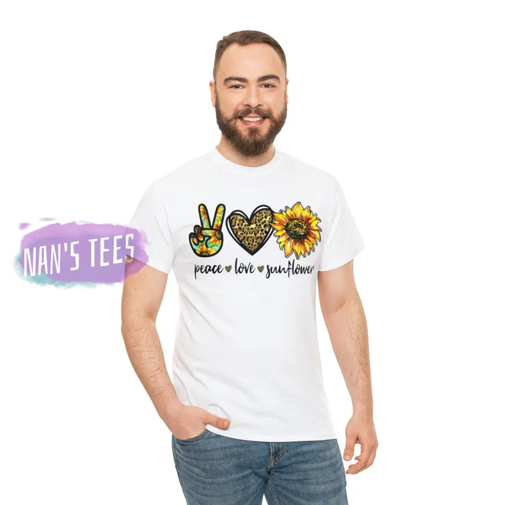 Peace Love Sunflower Short Sleeve Unisex Heavy Cotton Graphic Tee T-Shirt