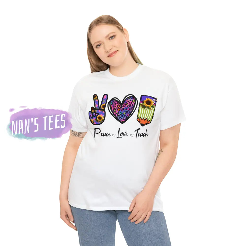 Peace Love Teach Short Sleeve Unisex Heavy Cotton Graphic Tee T-Shirt