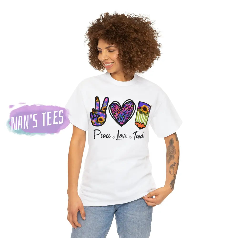 Peace Love Teach Short Sleeve Unisex Heavy Cotton Graphic Tee T-Shirt