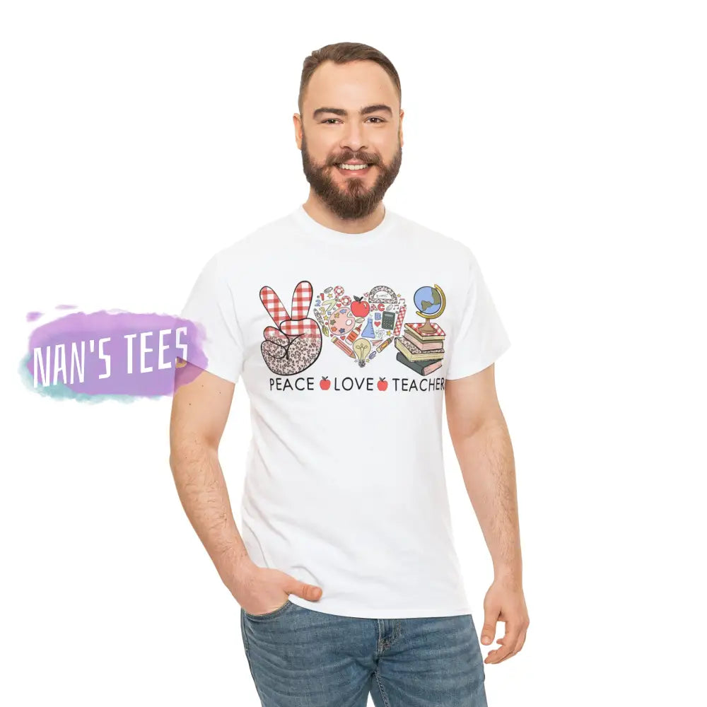 Peace Love Teacher Short Sleeve Unisex Heavy Cotton Graphic Tee T-Shirt