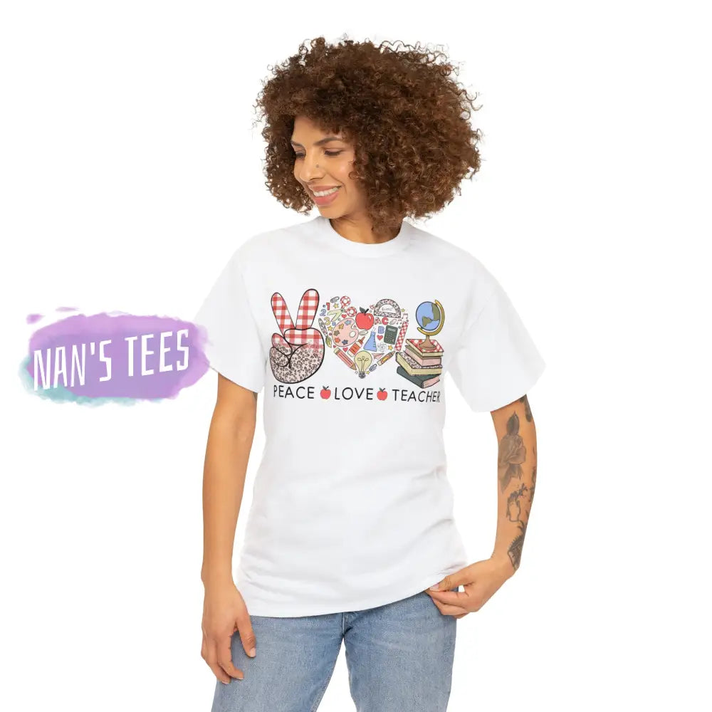 Peace Love Teacher Short Sleeve Unisex Heavy Cotton Graphic Tee T-Shirt