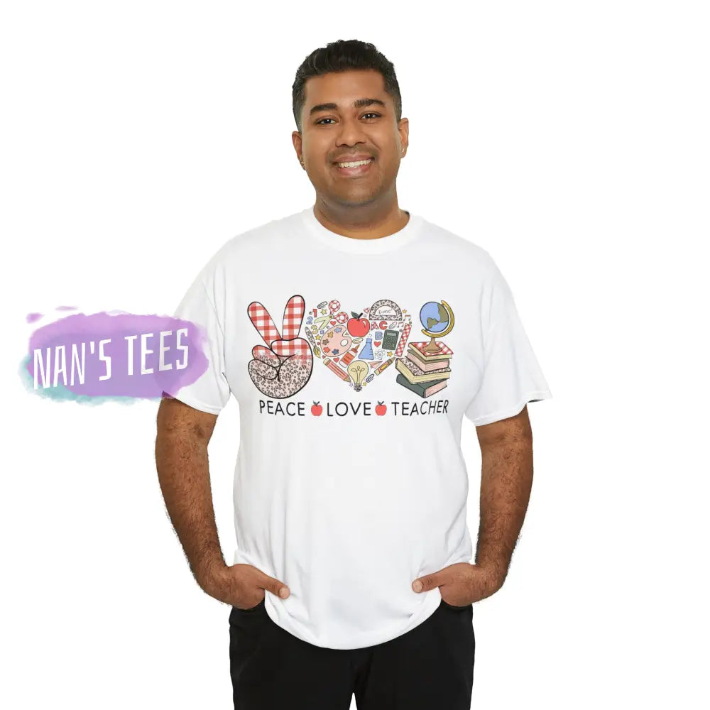 Peace Love Teacher Short Sleeve Unisex Heavy Cotton Graphic Tee T-Shirt