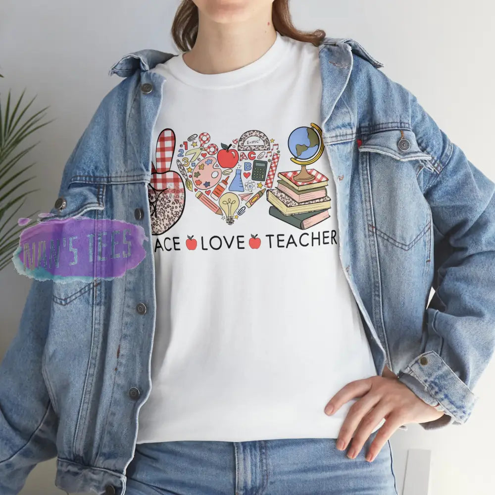 Peace Love Teacher Short Sleeve Unisex Heavy Cotton Graphic Tee T-Shirt