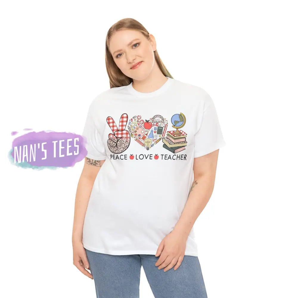Peace Love Teacher Short Sleeve Unisex Heavy Cotton Graphic Tee T-Shirt