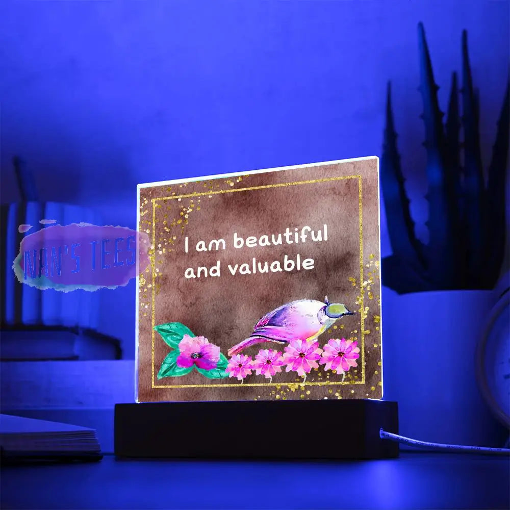 Positive Affirmations And Mindfulness | I Am Beautiful Valuable Acrylic Plaque Square With Led Base