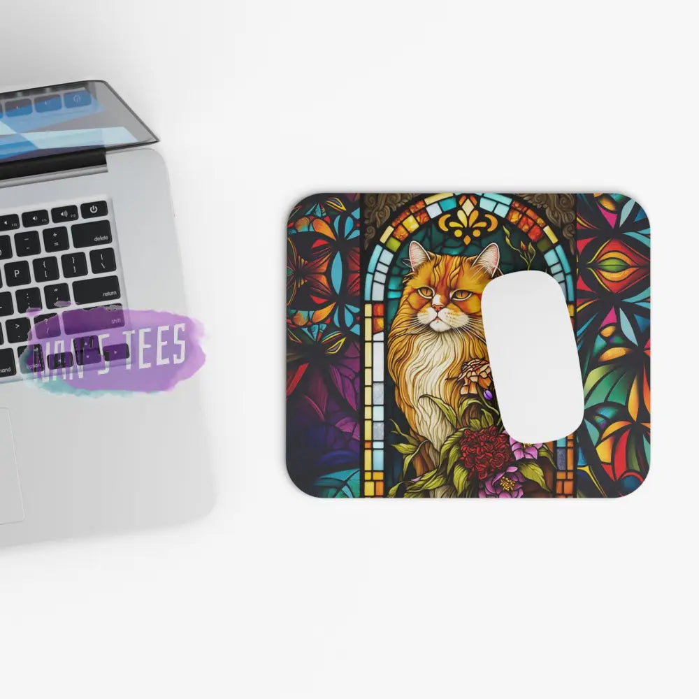 Stained Glass Cat Novelty Mouse Pad | Non-Slip Rubber Base Computers Laptop Office Home Decor