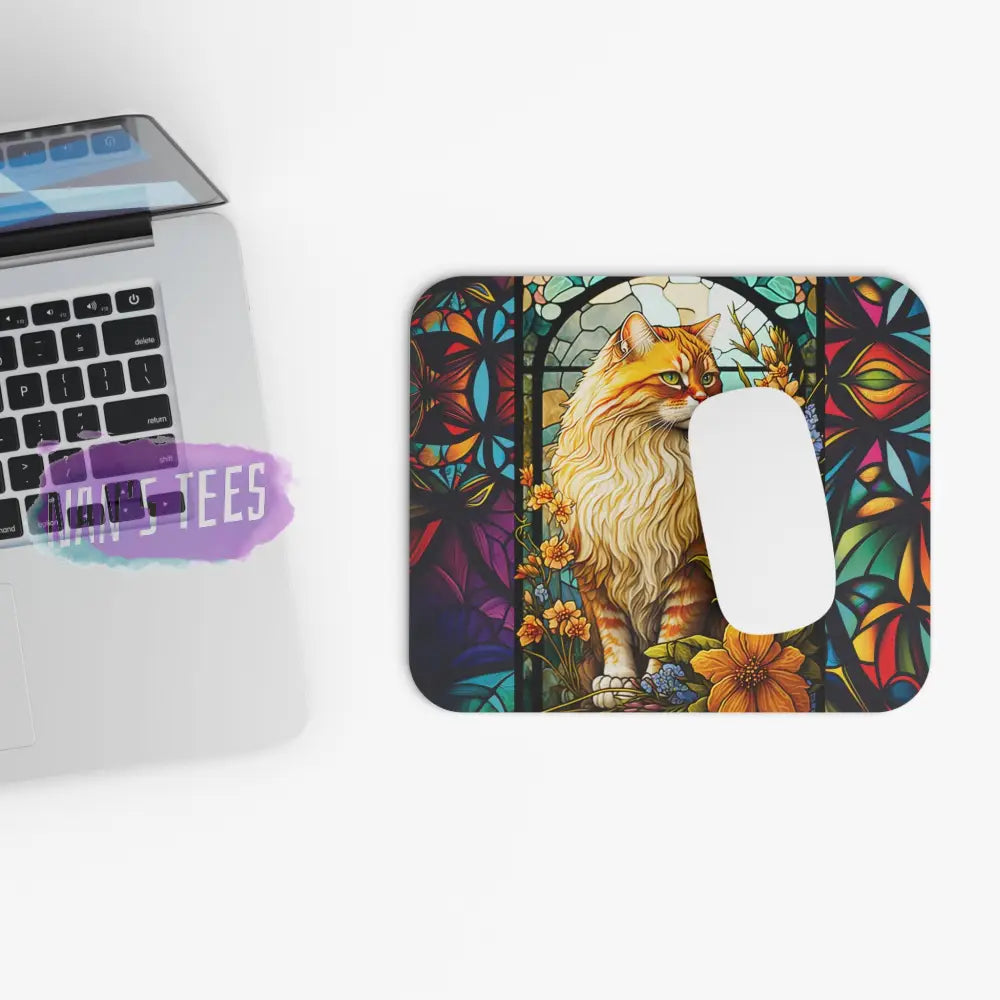 Stained Glass Cat Novelty Mouse Pad | Non-Slip Rubber Base Computers Laptop Office Home Decor