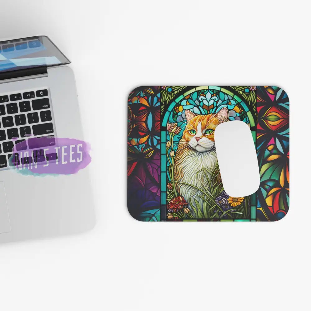 Stained Glass Cat Novelty Mouse Pad | Non-Slip Rubber Base Computers Laptop Office Home Decor