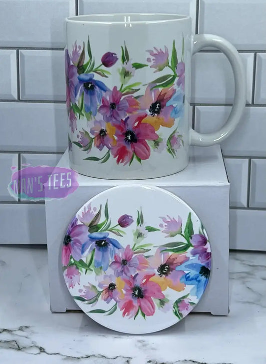 11 Oz Ceramic Floral Print Coffee Mug Set With Matching Coaster