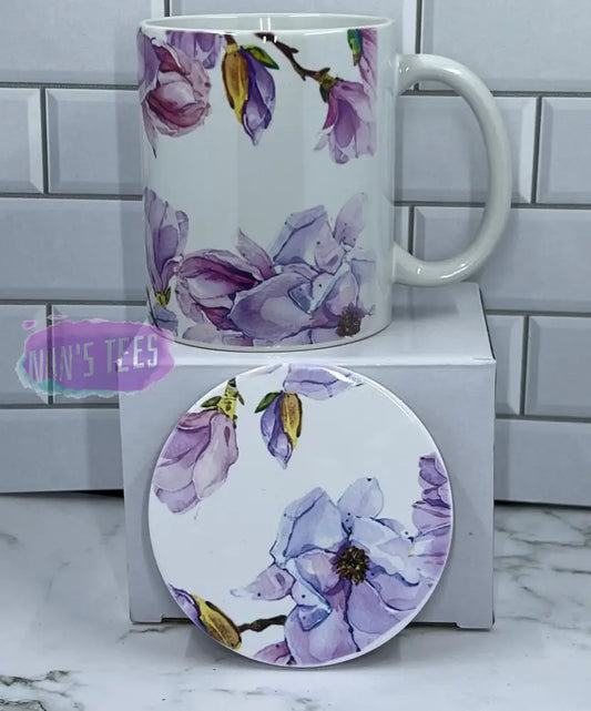 11 Oz Ceramic Floral Print Coffee Mug Set With Matching Coaster