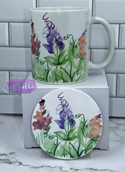 11 Oz Ceramic Floral Print Coffee Mug Set With Matching Coaster