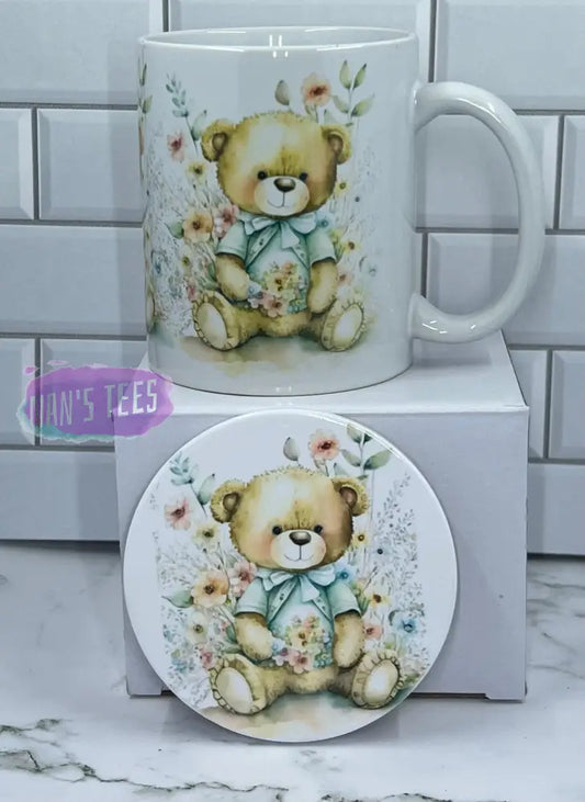 11 Oz Ceramic Teddy Bear Floral Print Coffee Mug Set With Matching Coaster