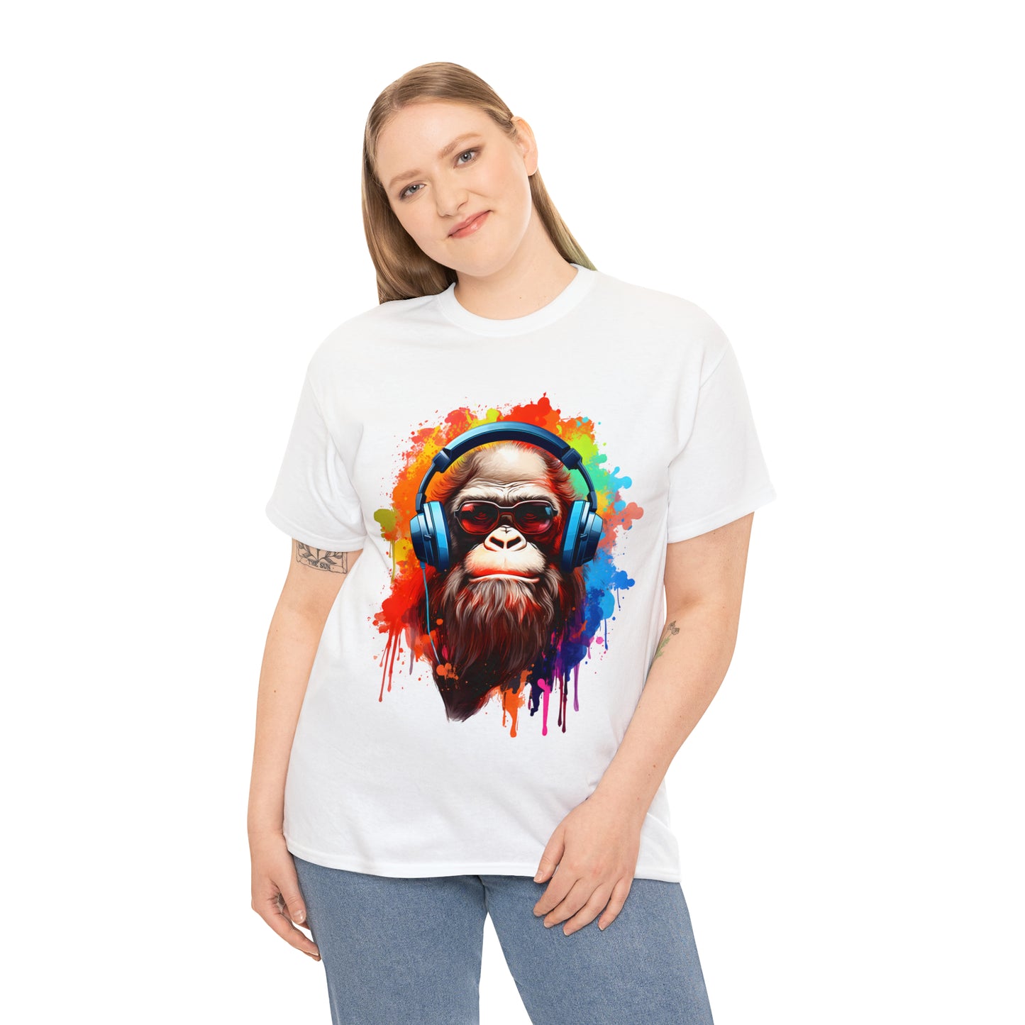 Big Foot with Headphones Rainbow Splash Short Sleeve Graphic T-Shirt (S-3XL)