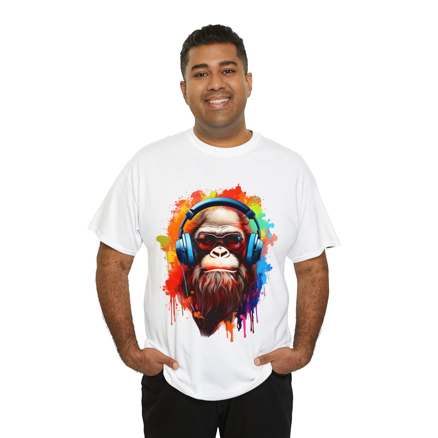 Big Foot with Headphones Rainbow Splash Short Sleeve Graphic T-Shirt (S-3XL)