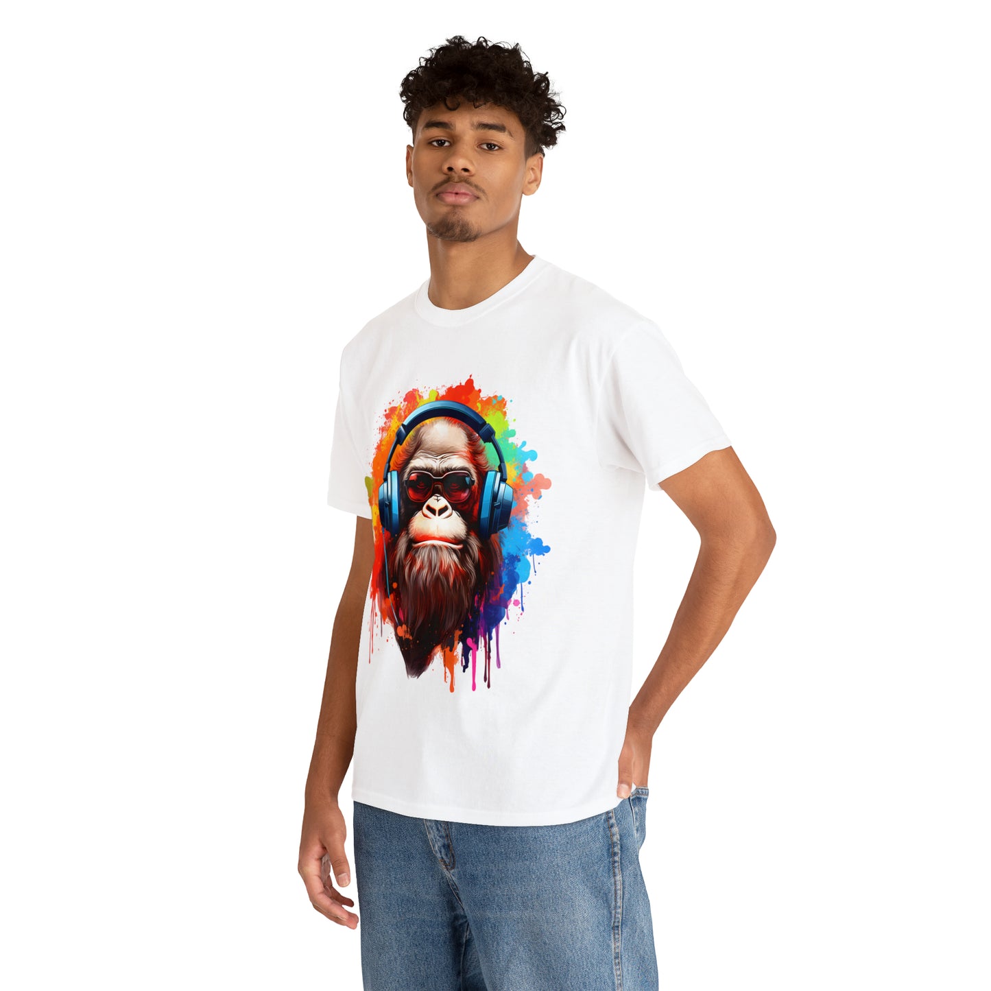 Big Foot with Headphones Rainbow Splash Short Sleeve Graphic T-Shirt (S-3XL)