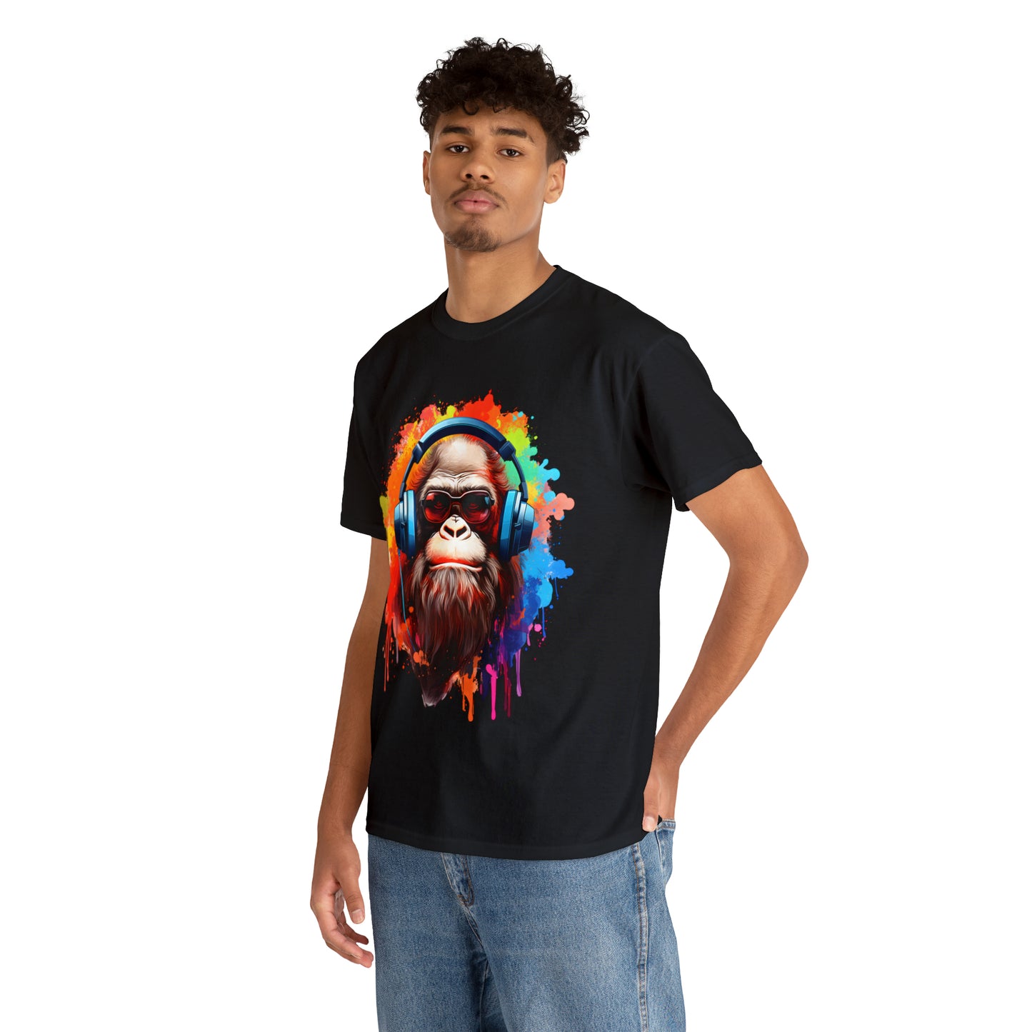 Big Foot with Headphones Rainbow Splash Short Sleeve Graphic T-Shirt (S-3XL)