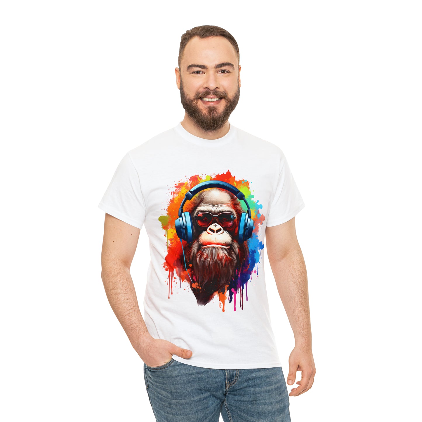 Big Foot with Headphones Rainbow Splash Short Sleeve Graphic T-Shirt (S-3XL)