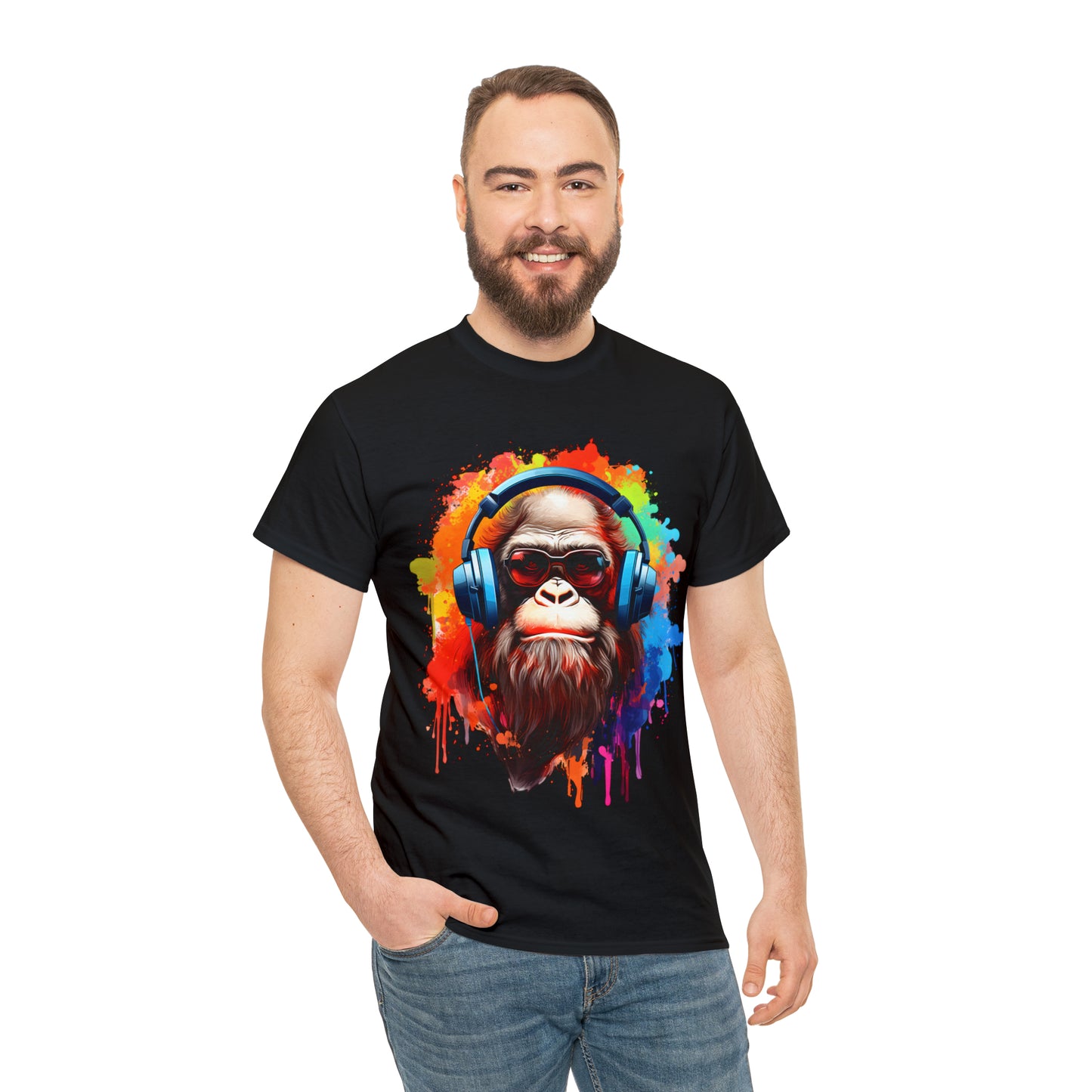 Big Foot with Headphones Rainbow Splash Short Sleeve Graphic T-Shirt (S-3XL)