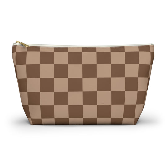 Brown Checkered Accessory Pouch with T-Bottom | Cosmetic Pouch | Pencil Pouch | Makeup Bag