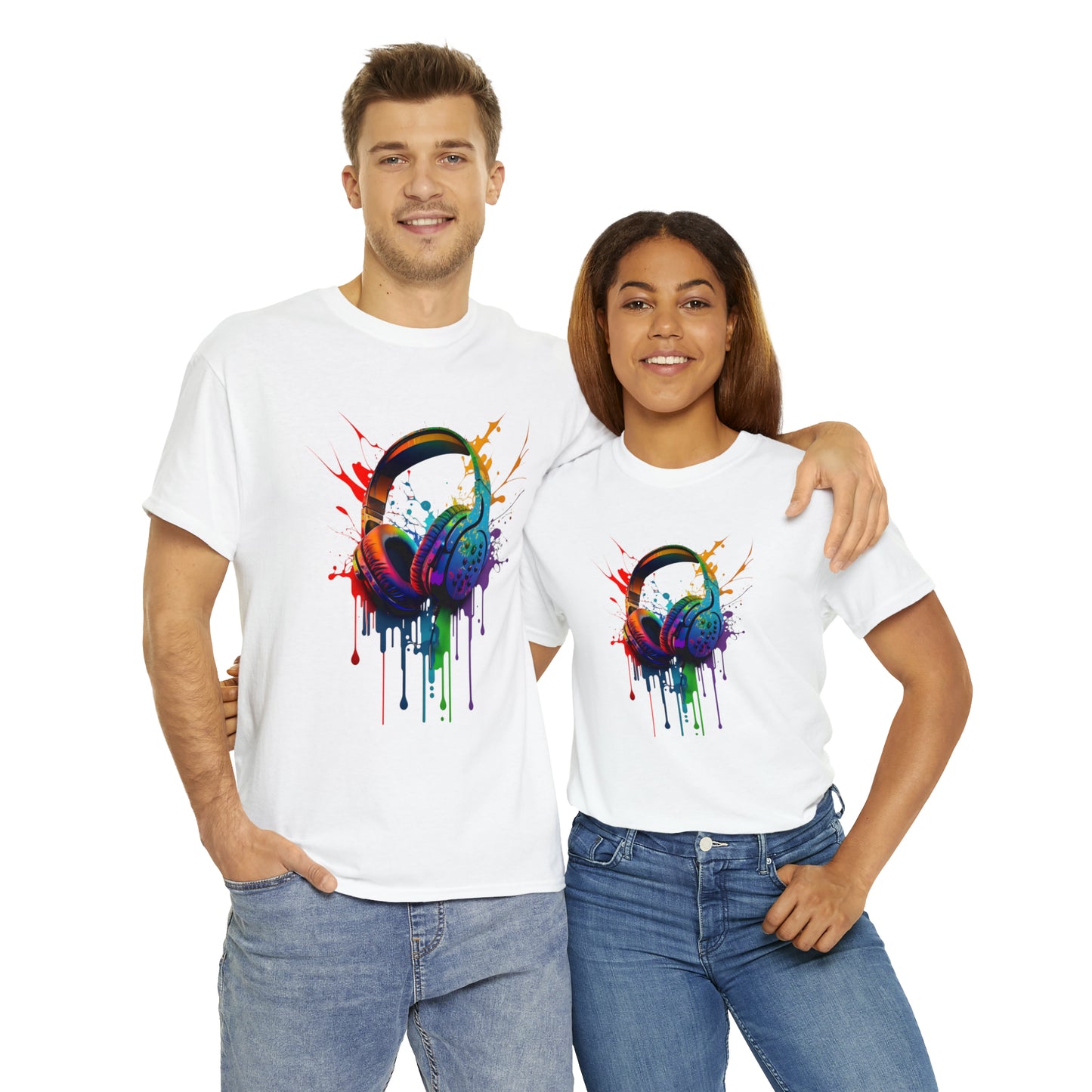 Headphones Rainbow Splash Short Sleeve Graphic T-Shirt (S-3XL)