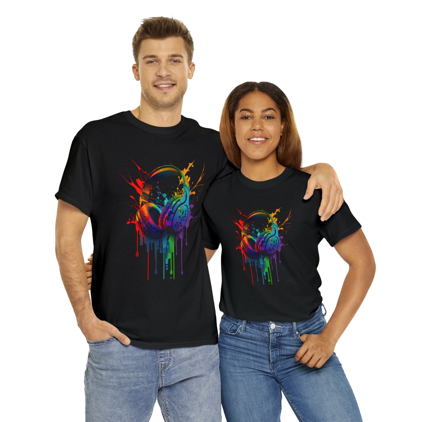 Headphones Rainbow Splash Short Sleeve Graphic T-Shirt (S-3XL)