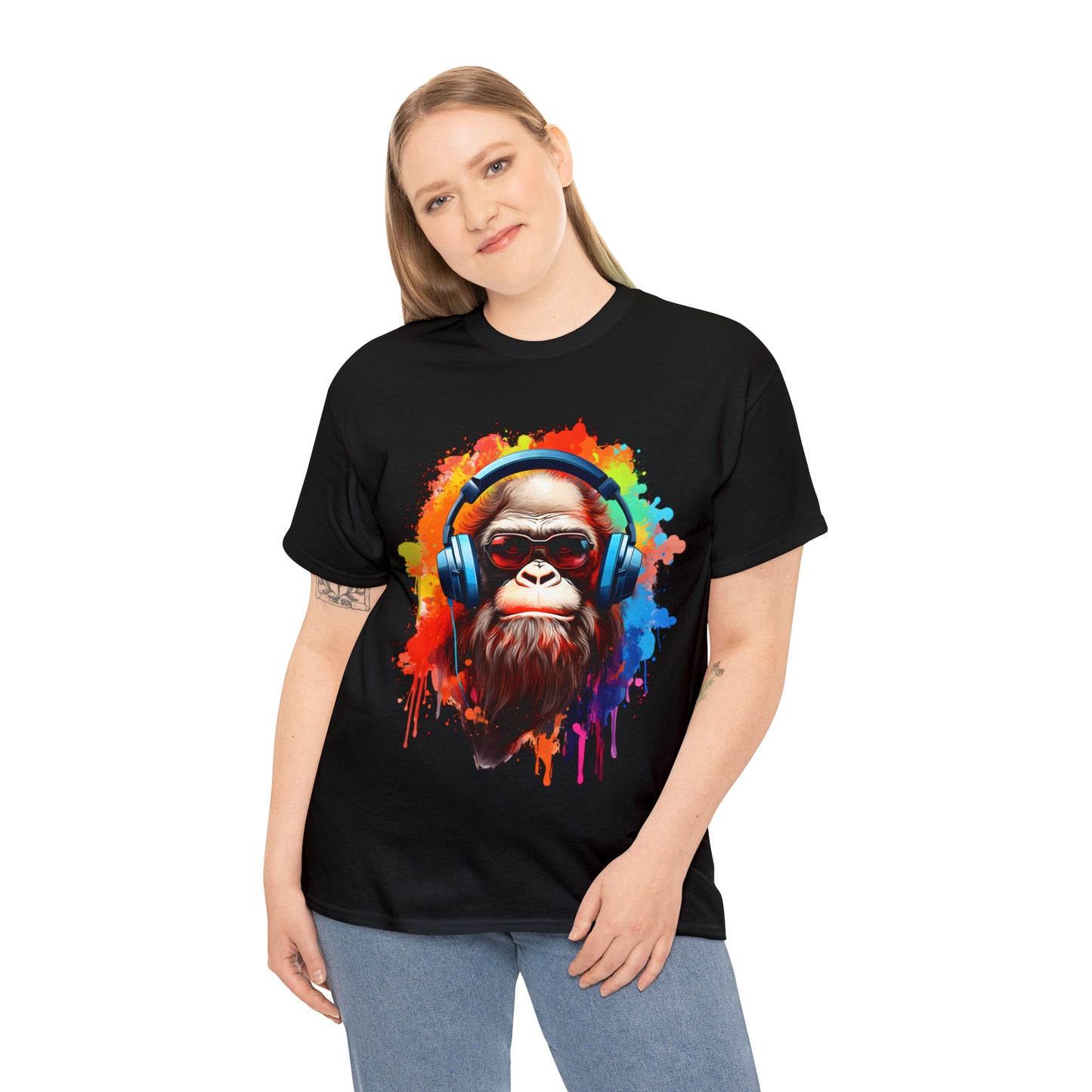 Big Foot with Headphones Rainbow Splash Short Sleeve Graphic T-Shirt (S-3XL)