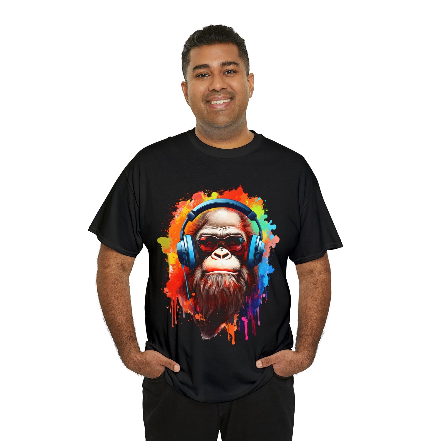 Big Foot with Headphones Rainbow Splash Short Sleeve Graphic T-Shirt (S-3XL)