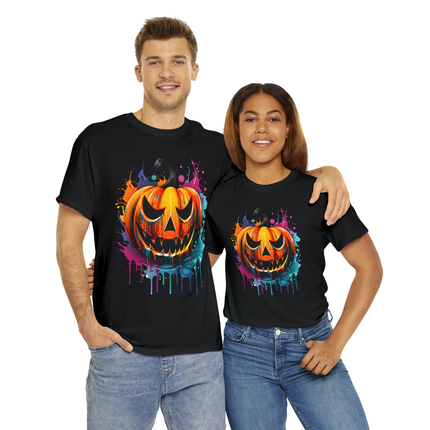 Halloween Pumpkin Rainbow Splash Short Sleeve Graphic T-Shirt (S-3XL)