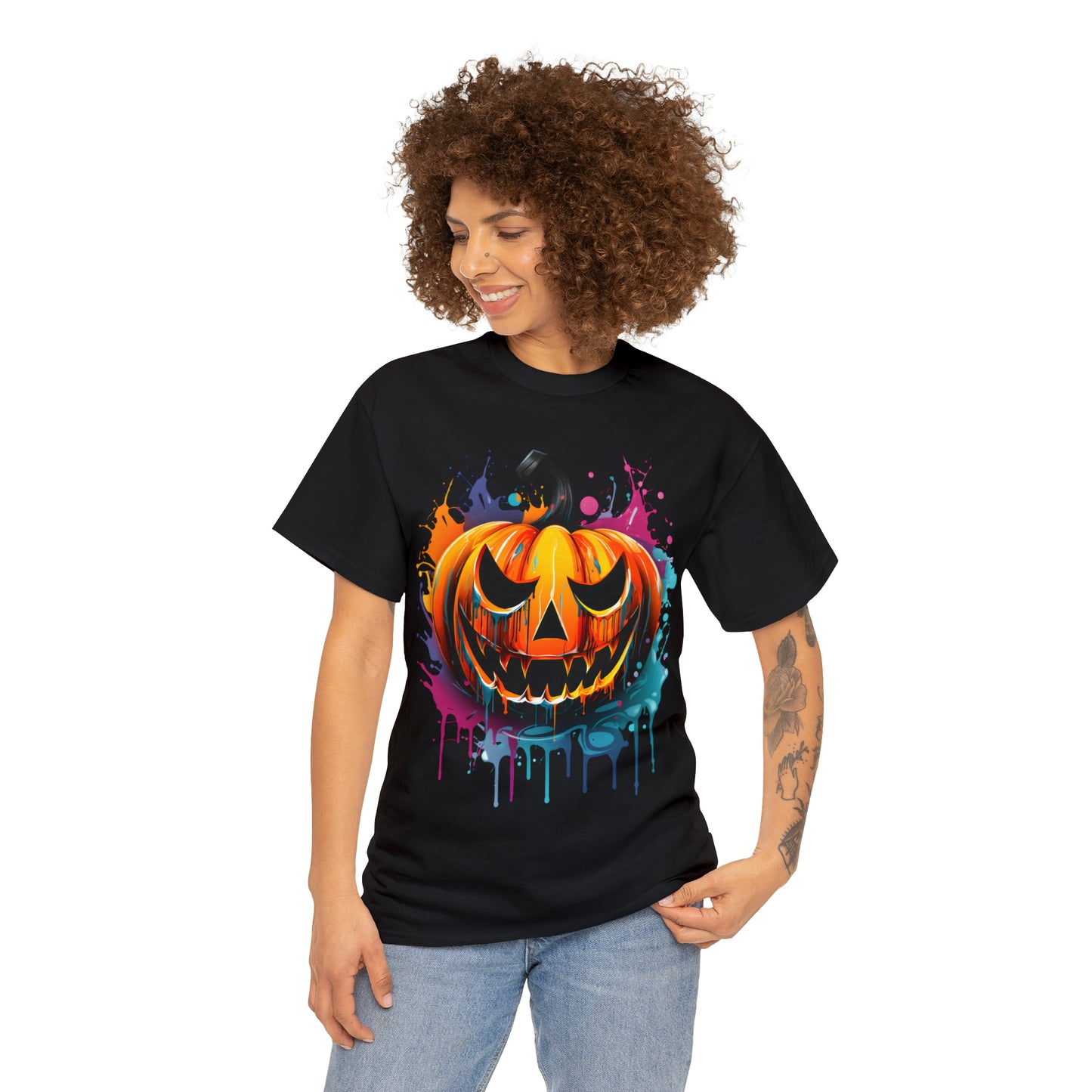 Halloween Pumpkin Rainbow Splash Short Sleeve Graphic T-Shirt (S-3XL)